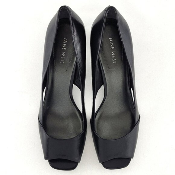 Nine West Black Leather Square Open Toe Side Cutout Patent Heel Shoes Size 7M - Picture 7 of 15